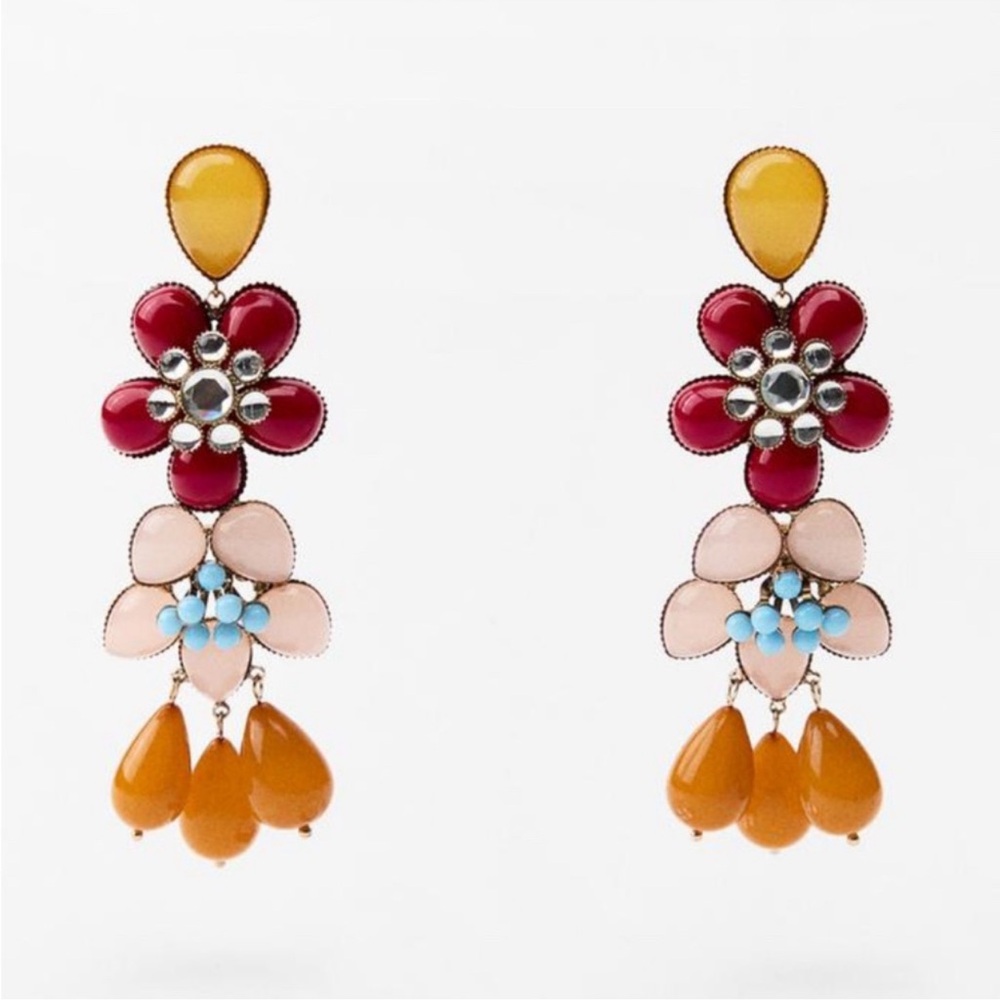 Floral Drop Earrings in Red, Yellow, and Blue
